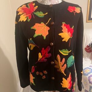 Talbots Black  Vintage Sweater with Colorful Leaf Design